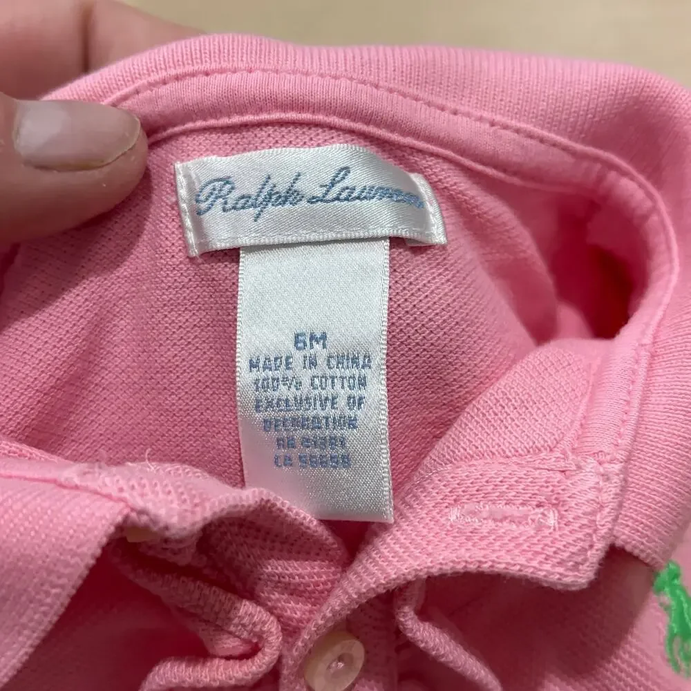 Ralph‎ Lauren One Piece Ruffled Pink Polo Romper Girls Baby Size 6 Months